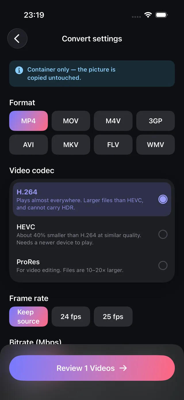 Pilihan format video di Konversi OptiPixel