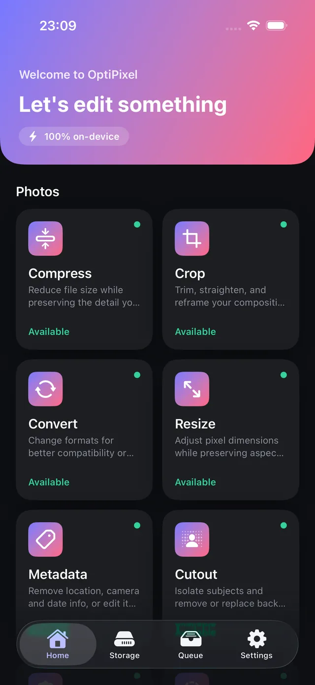 Layar utama OptiPixel berisi alat-alat foto