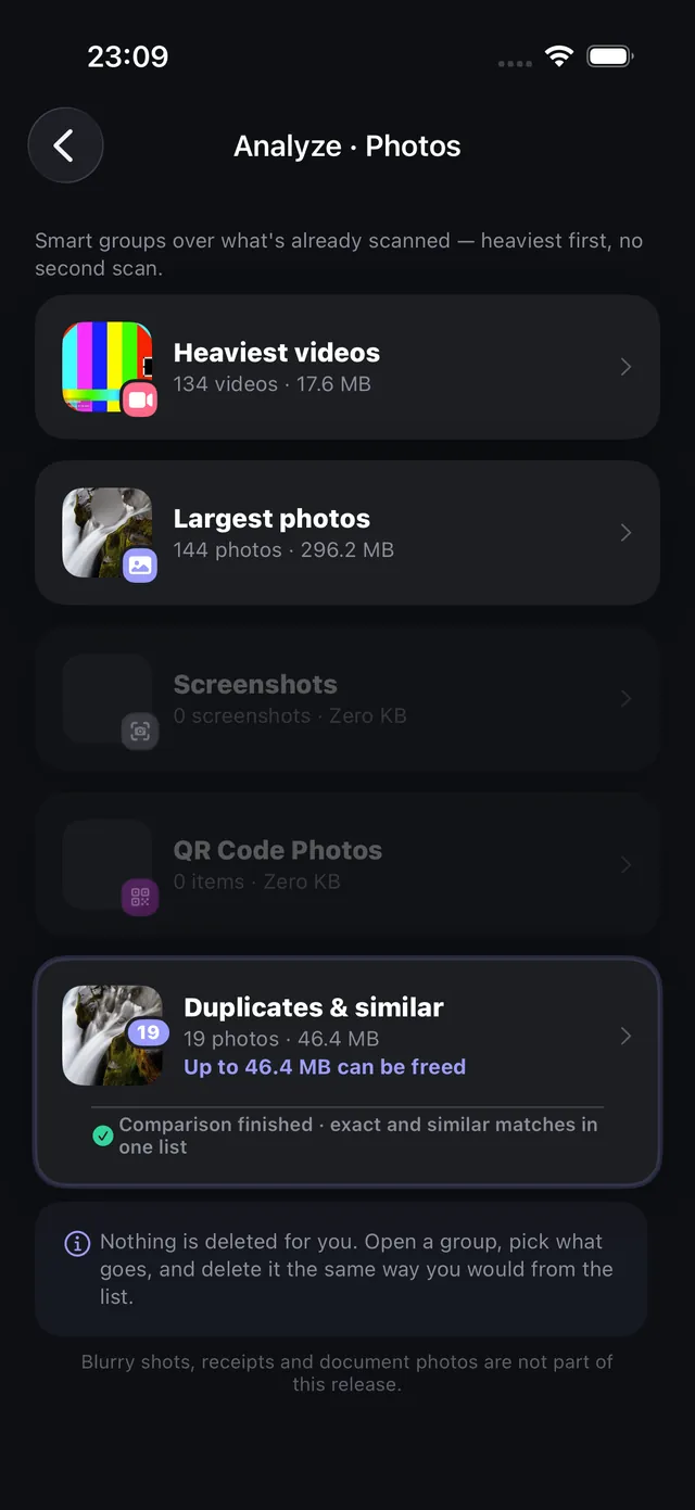 Penyimpanan OptiPixel menampilkan video terberat, foto terbesar, dan duplikat