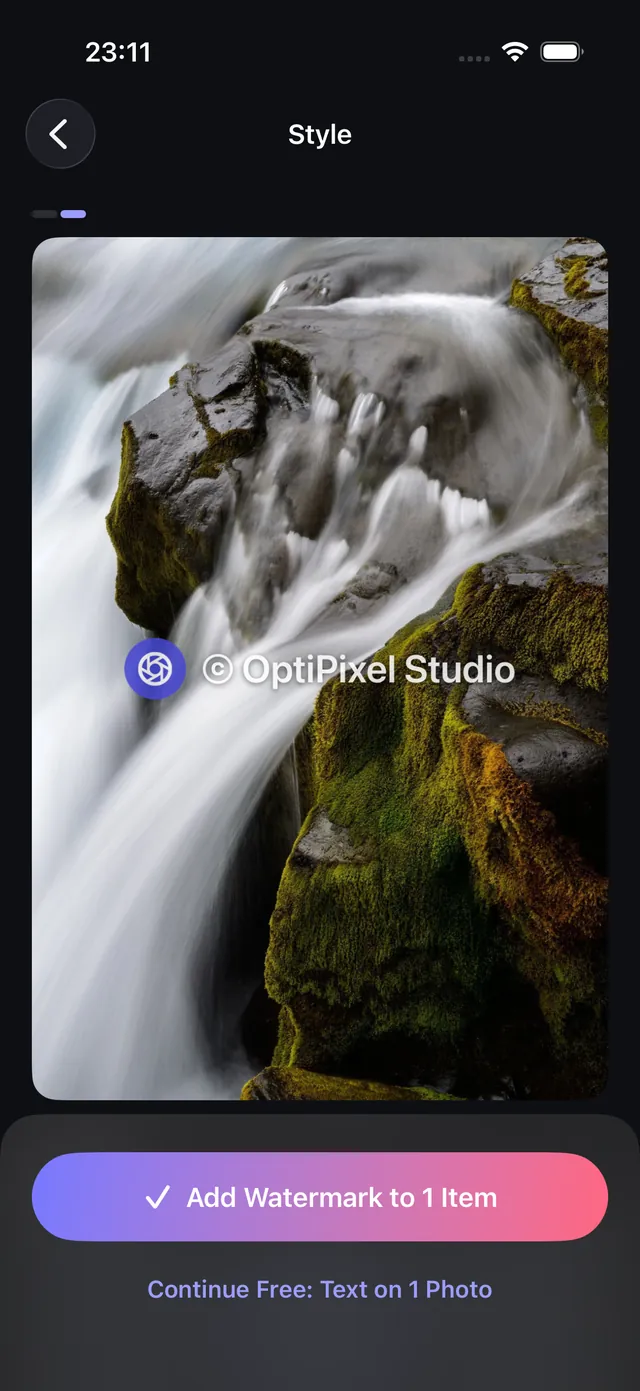 Tanda Air di OptiPixel menempatkan teks dan logo pada foto